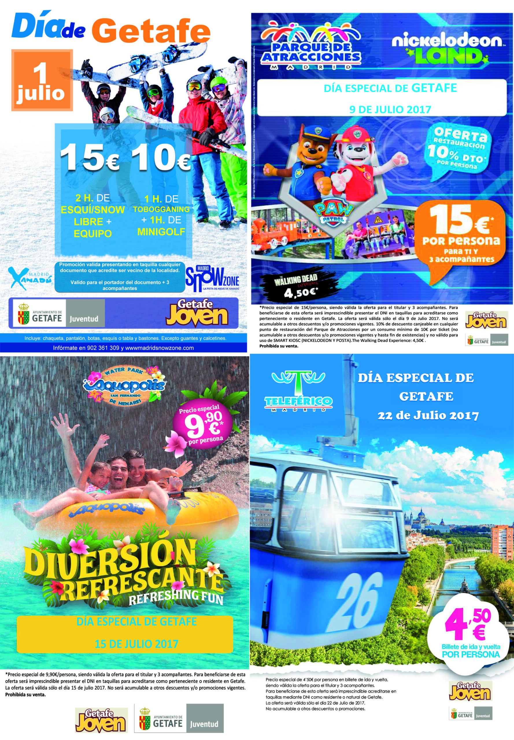 Llegan los Días Especiales de Getafe al Parque de Atracciones, Aquopolis,  SnowZone y Teleférico durante el mes de julio.