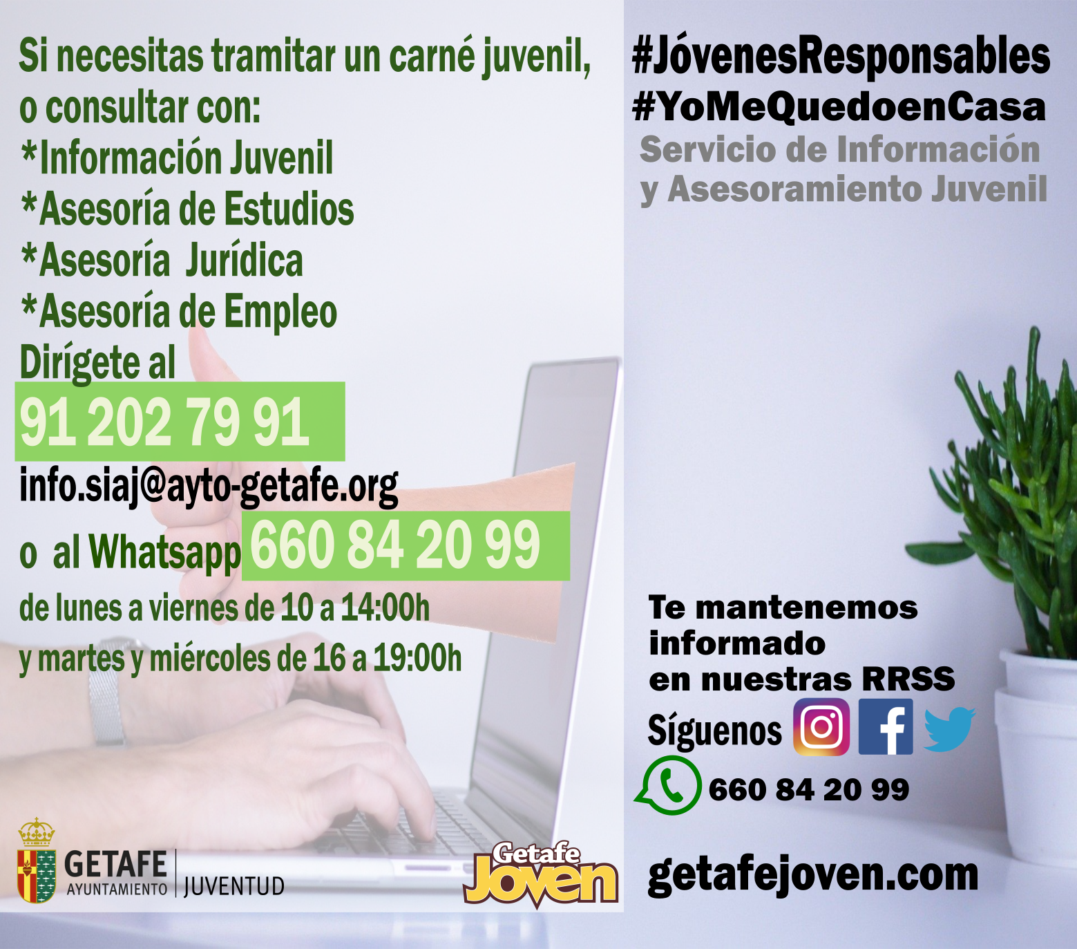 El SIAJ y el resto de servicios de Juventud se mantienen telemáticamente durante los próximos 15 días